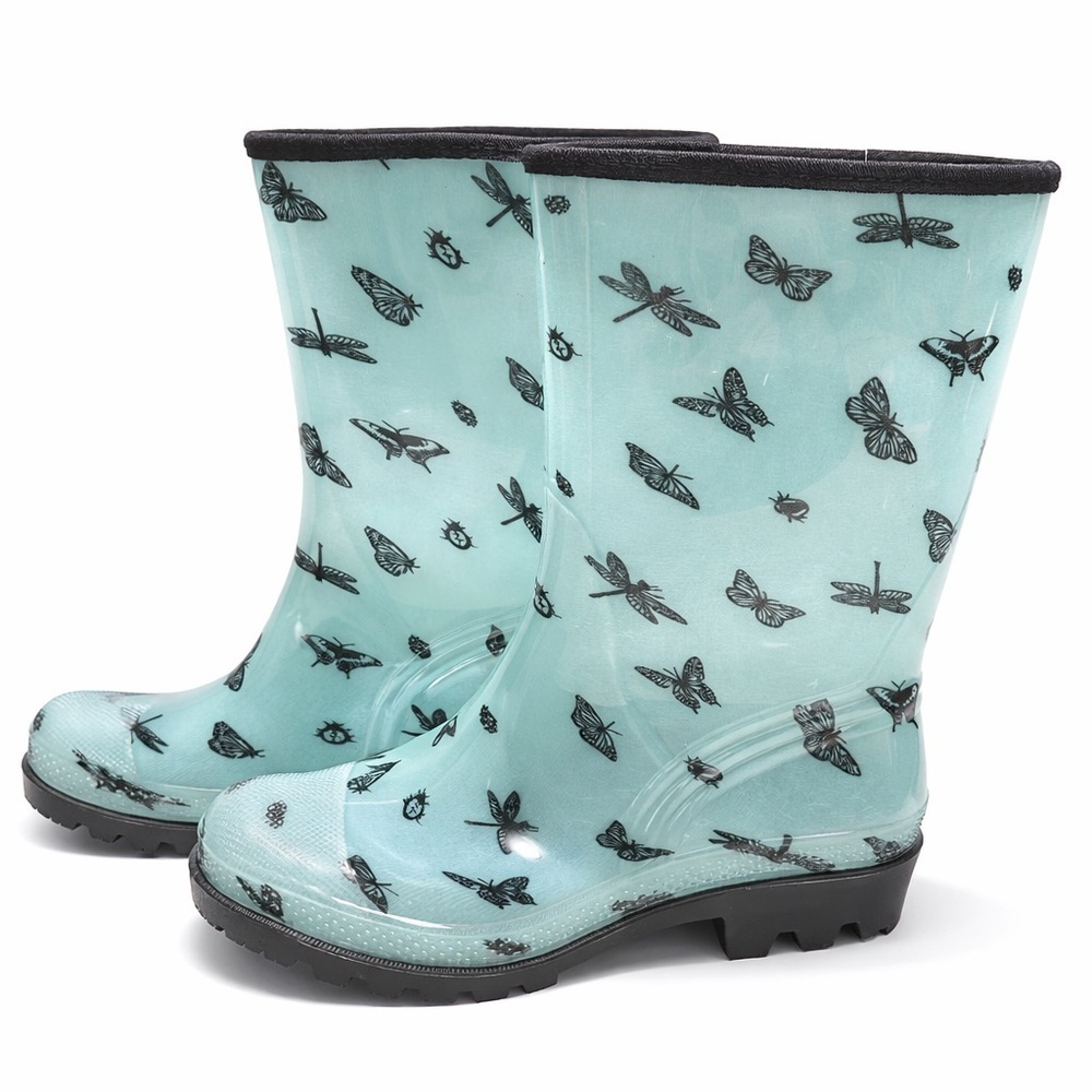 NWOT- Teal Dragonfly & Butterfly Print Rain Boots-waterproof-women’s size 7